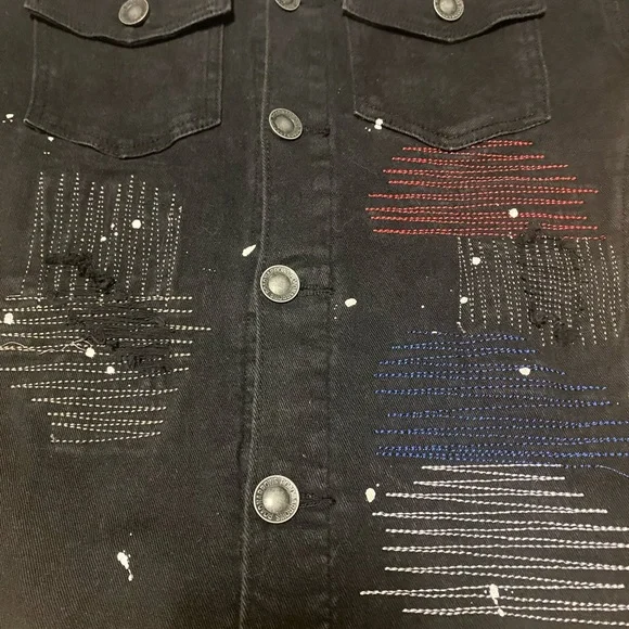 Road Narrows NYC Black Denim Button Down Jacket Size L Embroidered Distressed - Picture 11 of 16
